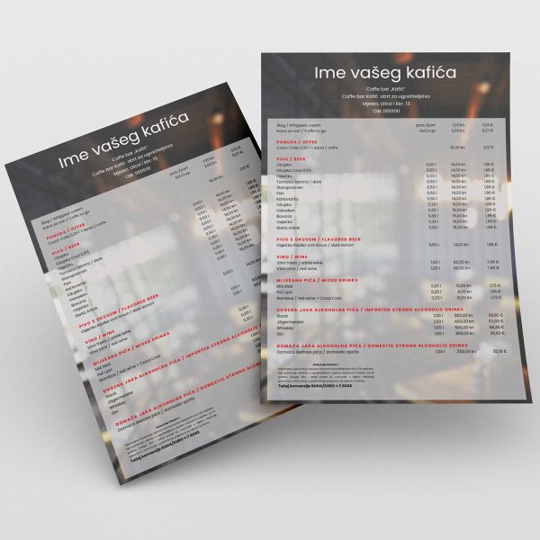 Izrada Cjenika Za Kafiće I Restorane A5 Format